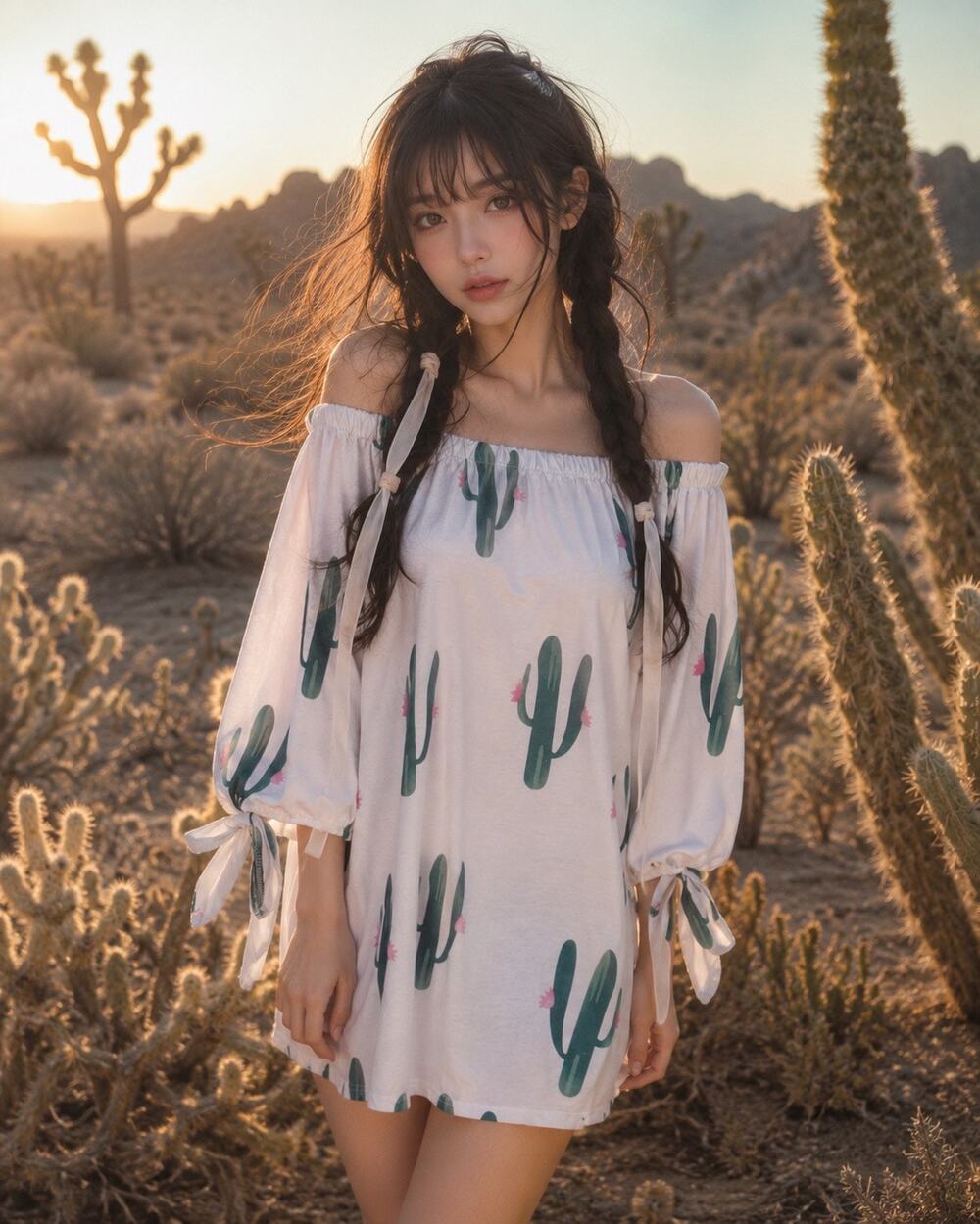 Desert Dreamer boho Cactus Print Off Shoulder Tunic Top M